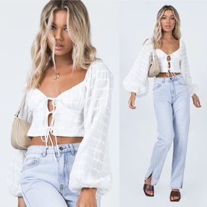 Princess Polly Riley White Balloon Sleeve Tie Front Long Sleeve Crop Top